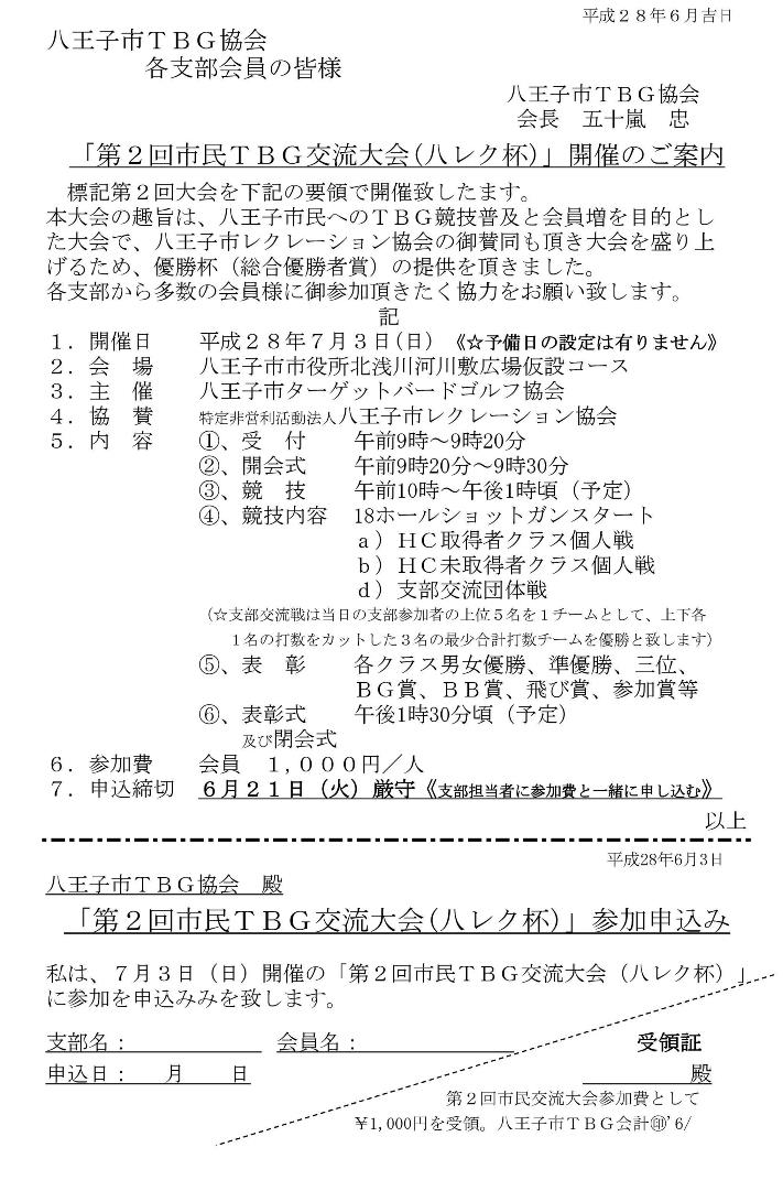 平成２８年度「 第２回市民ＴＢＧ交流大会(八王子市レク協杯)」参加案内('28.07.03.市役所北河川敷）